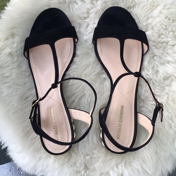 Nicholas Kirkwood Open Toe Black Suede and Faux Studded Pearl Heeled Flats